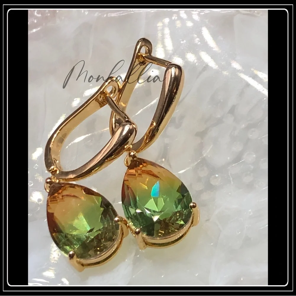 New 14k Gold Green Harvest Tourmaline Teardrop Earrings
